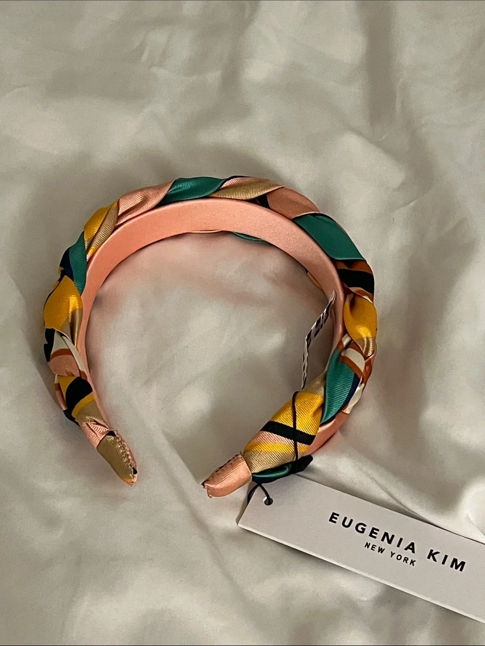 Eugenia Kim | Braided Satin Headband in Pink, Yellow & Teal